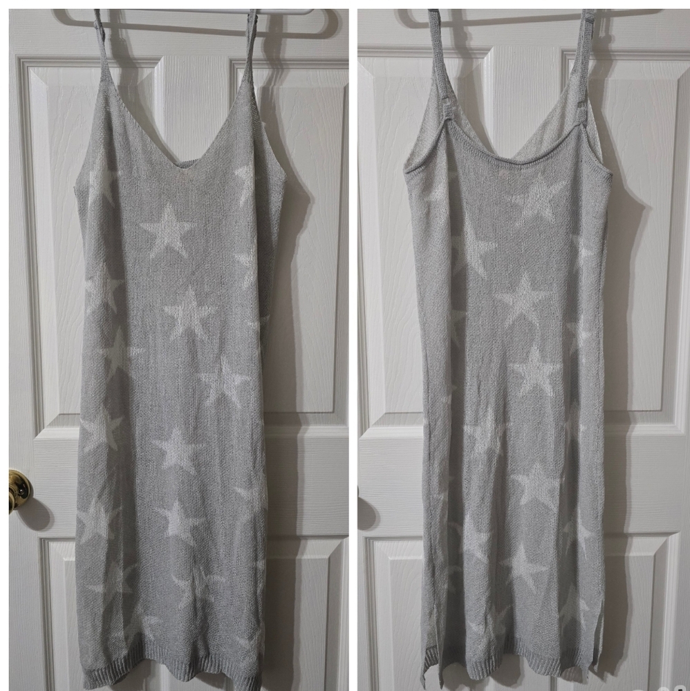 POL Sheer Knit Star Print Midi Dress/Beach  Cover-Up, Light Gray, V-Neck, EUC!